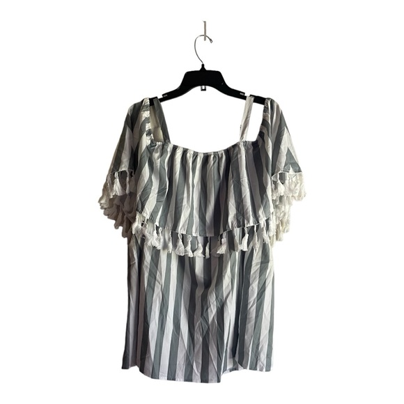 SOLD Bloomchic Women's Size 18-20 Green & White Striped Cold Shoulder Top - Picture 3 of 11